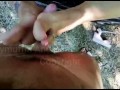 Cumshot on the feet outdoors