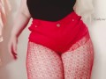 Butt and thighs dance tease in very short red shorts and fishnets! 