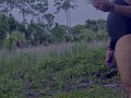 Chubby Solo Male Park Trail Exhibition – Black One-Piece Swimsuit Profile to Slow-Mo Cumshot
