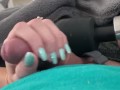 He can’t resist seeing my light blue fingernails against his cock. Cums on my hand
