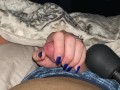 Teasing and edging him with a sensual handjob to completion. Bright blue fingernails on cock