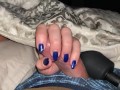 Teasing and edging him with a sensual handjob to completion. Bright blue fingernails on cock