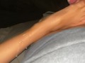 HUGE CUMSHOT Stroking his cock w/my pink wiggling toes til he shoots up my leg and on my feet