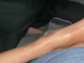 HUGE CUMSHOT Stroking his cock w/my pink wiggling toes til he shoots up my leg and on my feet