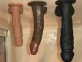shower masturbation with some ass to mouth using suction cup dildos