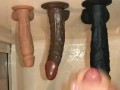 shower masturbation with some ass to mouth using suction cup dildos