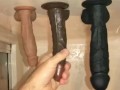 shower masturbation with some ass to mouth using suction cup dildos