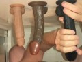 shower masturbation with some ass to mouth using suction cup dildos