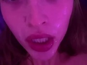 Spitting on dildo and fucking my cum dripping pussy