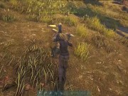 girl alone in the woods wanting to get the loot and holding the pickaxe