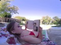 Busty blonde rides a hard cock poolside in VR