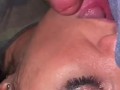 Opening my mouth for him to jerk his cock on my wet tongue and lips. Cumshot on my tits! 😍😍🍆💦