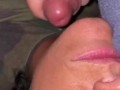 Opening my mouth for him to jerk his cock on my wet tongue and lips. Cumshot on my tits! 😍😍🍆💦