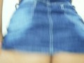 Ass brunette dancing in denim skirt
