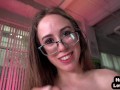 POV HJ busty babe jerks oiled dick while talks slutty