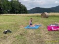 Petite Babysitter Party Outdoor for Stretching and Yoga without Underwear showing pussy and ass