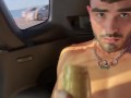 STUCK IN CAR JERKING BIG SLOPPY COCK DRIPPING ON BOUNCING BALLS IN PUBLIC TRAFFIC  