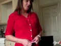 Mature mom strips in front of the gentleman. She grabs his cock out of his pants and starts kissing him with her lips.