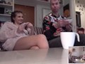 slut wife fucks right in front of her husband and the husband can't say anything and eats soup