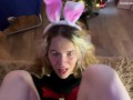 The Christmas Bunny came to drink strawberry milk, and swallowed a mouthful of cum!