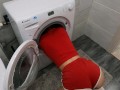 Step brother fucked step sister while she was stuck inside the washing machine - cum on pussy