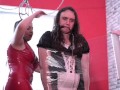 Two amazing Mistress put the maid in stocks, insert a bougie into his urethra and wrap it with cling
