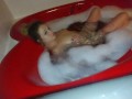 Dirty little slut takes a bubble bath in heart shaped tub and plays with feet 🛀😘💦