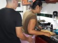 My stepmother gives me a rich blowjob in the kitchen.