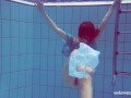 Marusia shows you her hairy sweet vagina in the pool