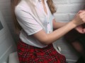 Schoolgirl gives her boyfriend a quick handjob and he cums on her blouse