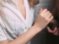Schoolgirl gives her boyfriend a quick handjob and he cums on her blouse