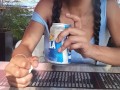 My sugar daddy controls me with a vibrator in an outdoor bar