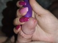 Long Nails Goddess use precum to torment his little cock with the vibrator *Long Nails Inseration*