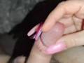 Long Nails Goddess use precum to torment his little cock with the vibrator *Long Nails Inseration*
