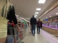 No panties, short dressin, flashing public in supermarket.
