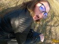 cutie in a leather jacket has hard anal sex on a scooter to wash her face with cum