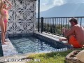 Sexy blonde in bikini sucks cock and fucks outdoors by the pool