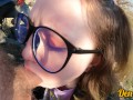 cutie in glasses and jacket has sex in nature and gets a lot of cum on her face