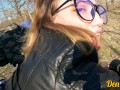 cutie in glasses and jacket has sex in nature and gets a lot of cum on her face