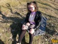 cutie in glasses and jacket has sex in nature and gets a lot of cum on her face