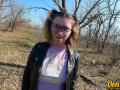 cutie in glasses and jacket has sex in nature and gets a lot of cum on her face