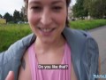 Public Agent Mina K gives outdoor blowjob before a hard hotel fuck