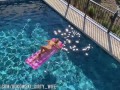 a beautiful blonde masturbates in the pool and lures a peeping guy into a blowjob