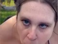 Amateur wife sucks, licks and strokes cock in backyard for huge cumshot 😍