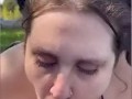 Amateur wife sucks, licks and strokes cock in backyard for huge cumshot 😍