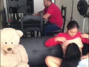 I invite my girlfriend to see a movie and we end up fucking in the living room.