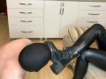 The slave licks the dirty boots of his Mistress. Boots fetish