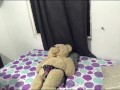 Lesbiana monta al oso de peluche con arnés.