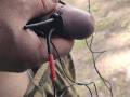 Electro device fucked my cock. Much sperm in outdoors