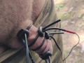 Electro device fucked my cock. Much sperm in outdoors